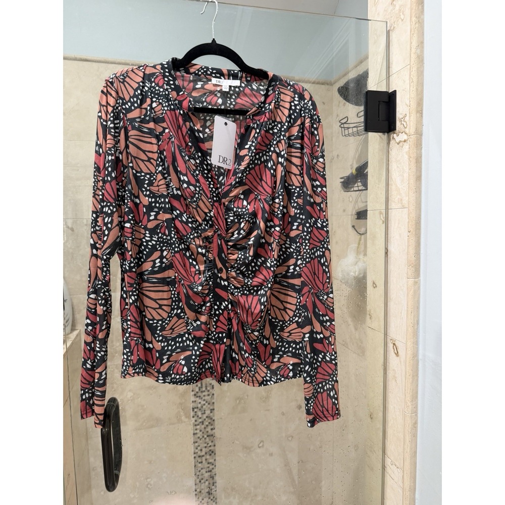 NWT DR2 By Daniel Rainn Womens V-Neck Mesh Trim Butterfly Blouse Top XXL